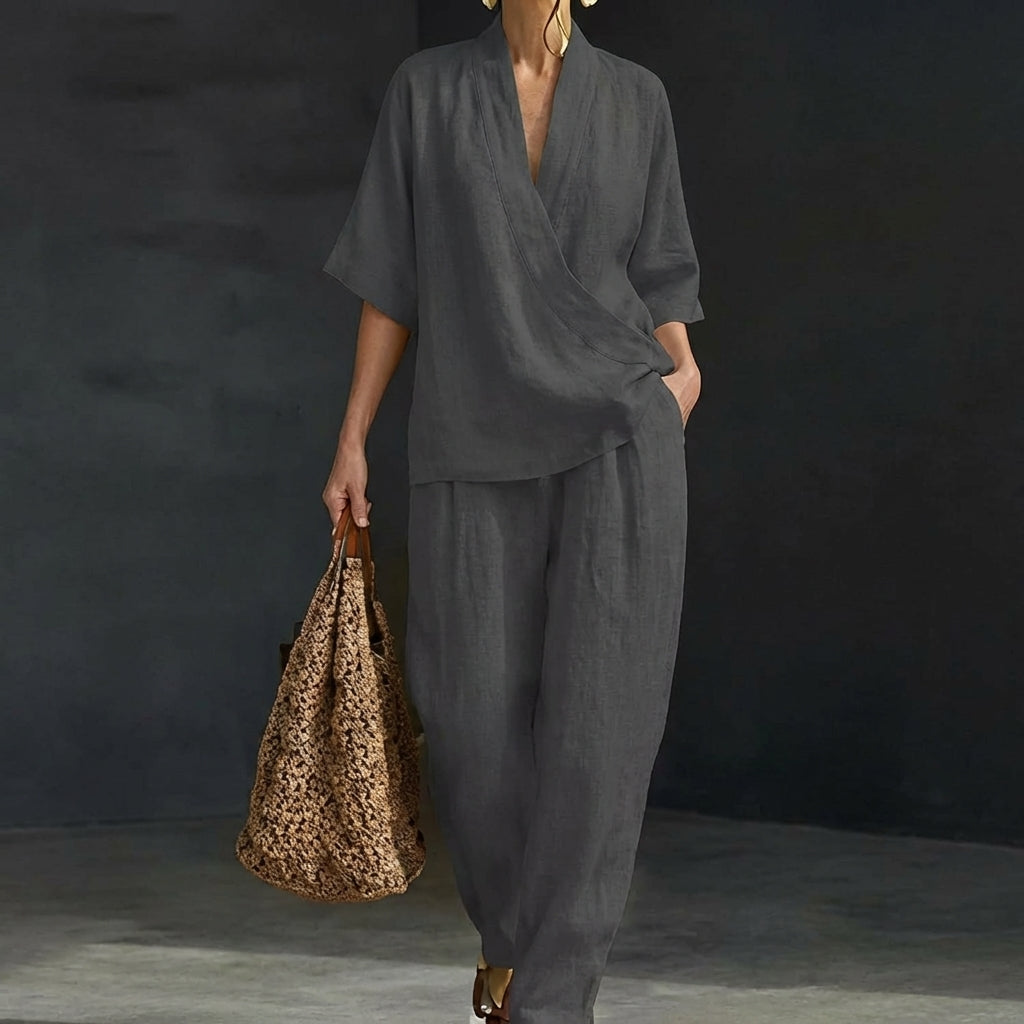 Soft, comfortable women's relaxed fit V-neck top and wide-leg pants two-piece set for everyday wear.