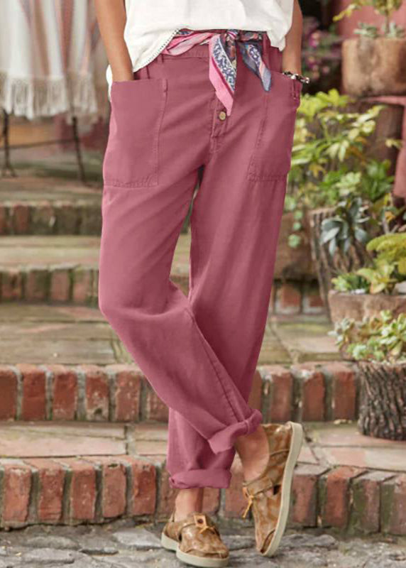 Side profile of women's comfortable wide leg pants with an adjustable waist, highlighting their relaxed fit.