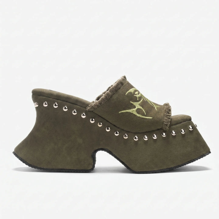 Edgy women's retro chunky platform sandals with a slip-on mule design and high block heel.