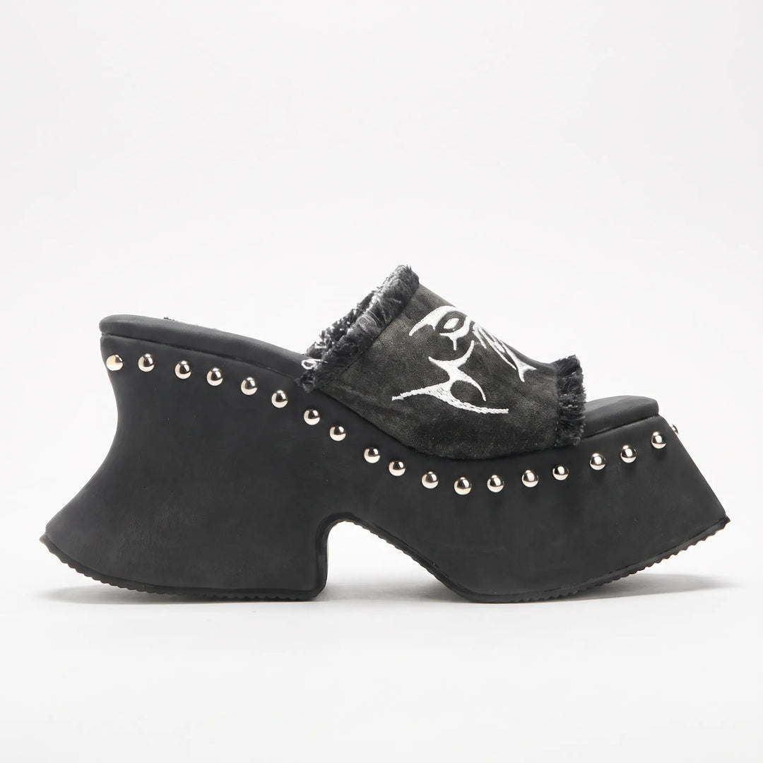 Women's retro chunky platform mules, slip-on sandals with a high block heel, ideal for edgy summer style.