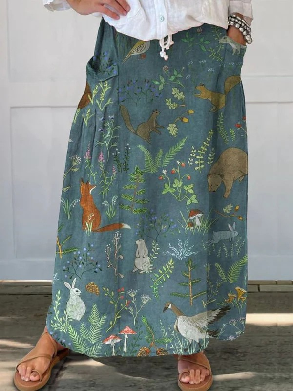 Women's retro floral art print A-line midi skirt with pockets. Perfect for casual spring and summer boho chic style.
