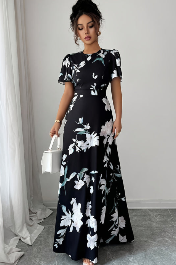 Women's retro floral pleated midi dress with ruffled sleeves, perfect for elegant summer style.