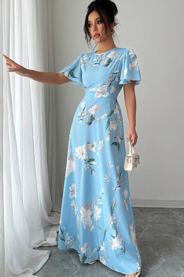 Women's retro floral pleated midi dress, elegant A-line silhouette with chic ruffled sleeves.