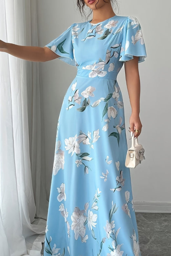 Women's elegant retro floral midi dress, pleated skirt, ruffled sleeves, perfect for summer.