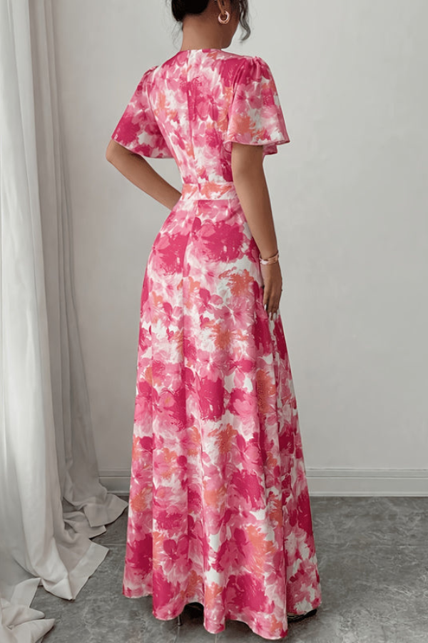 A-line retro floral midi dress for women, pleated skirt and ruffled sleeves, elegant party wear.