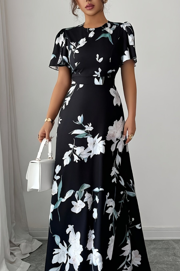 Elegant A-line floral midi dress for women, retro pleated design with charming ruffled sleeves.