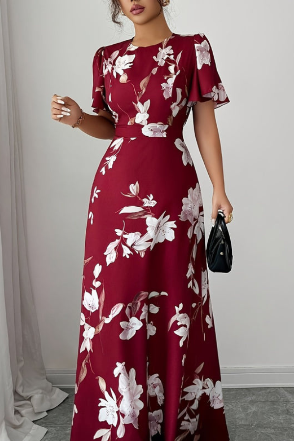 Floral pleated A-line midi dress for women, vintage style with elegant ruffled sleeves.