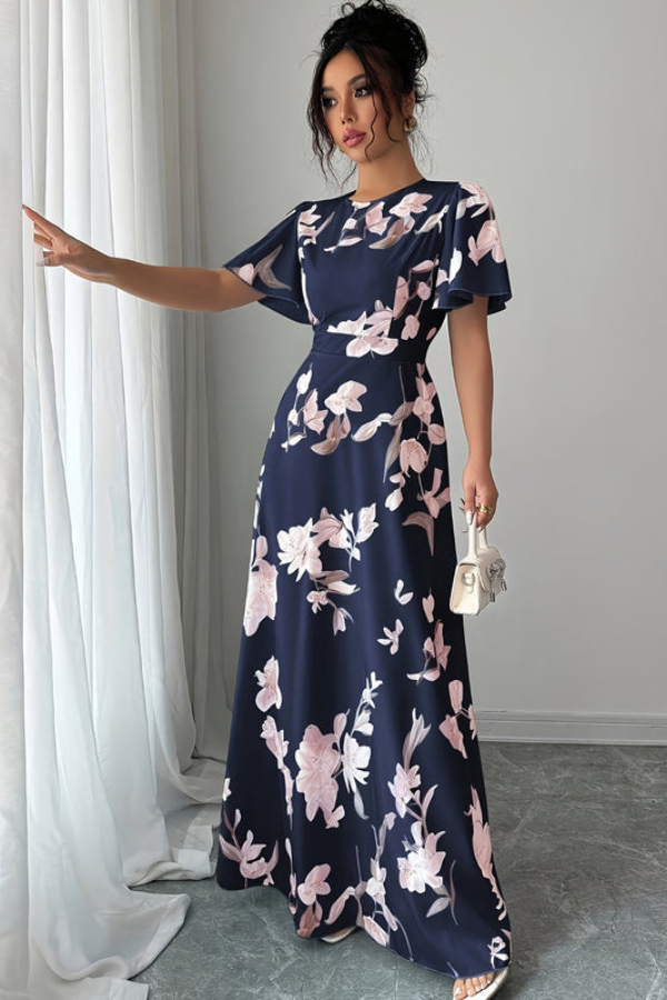 Stylish women's party midi dress, retro floral print, elegant pleats & ruffled sleeves.