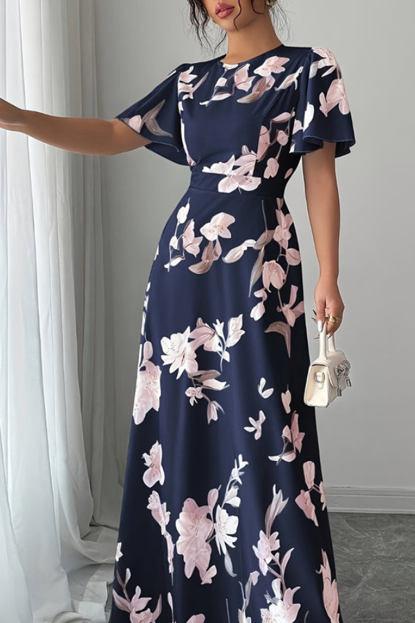 Vacation-ready women's floral pleated midi dress, elegant retro style with ruffled sleeves.