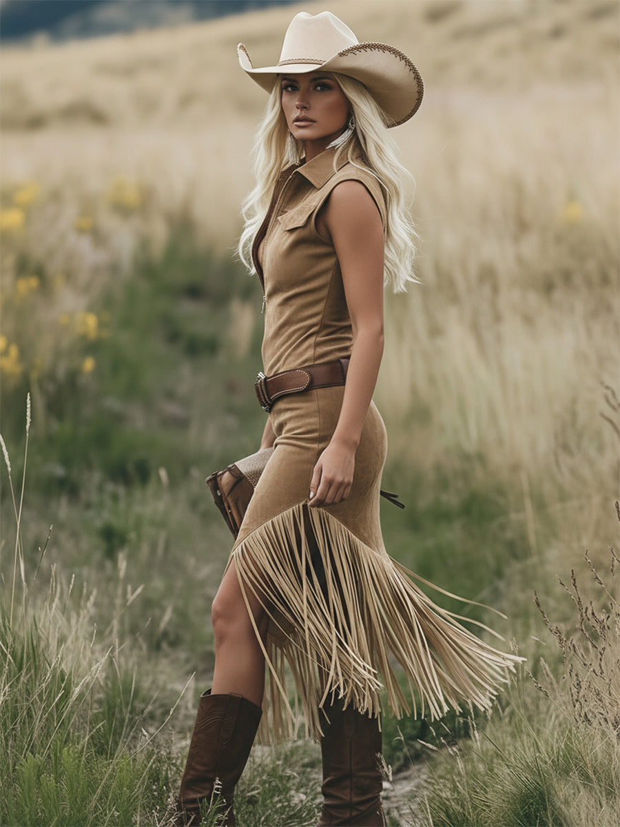 Elegant light brown retro Western midi dress for women, featuring chic fringe detailing and a sleeveless design.