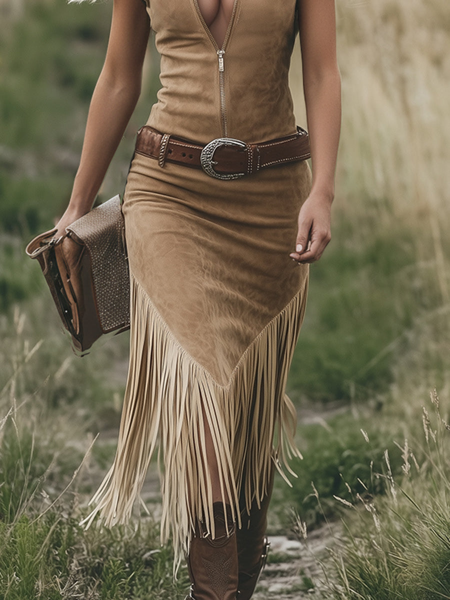 Women's casual light brown sleeveless fringe midi dress, a retro Western style for comfortable and chic summer days.
