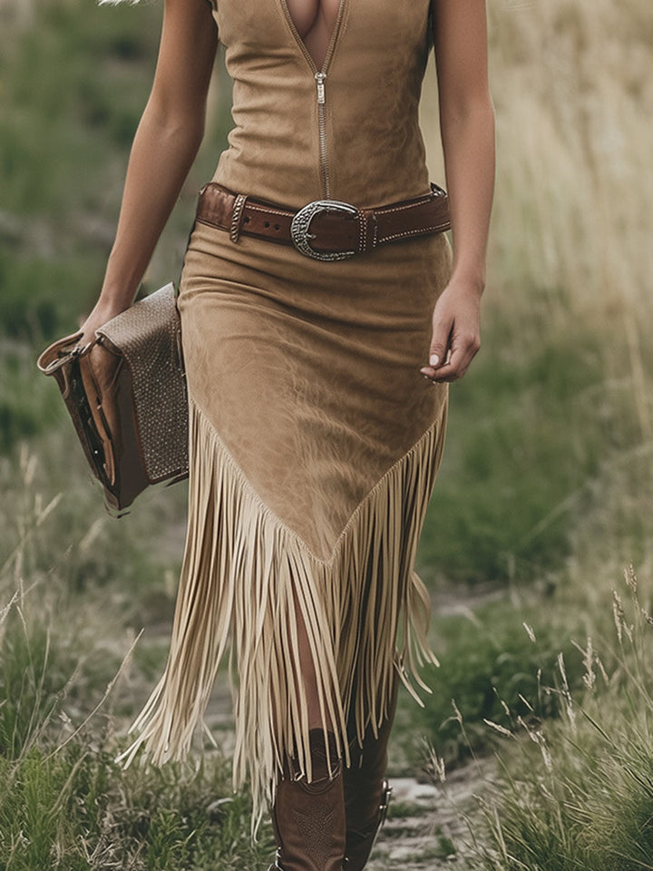 Women's casual light brown sleeveless fringe midi dress, a retro Western style for comfortable and chic summer days.