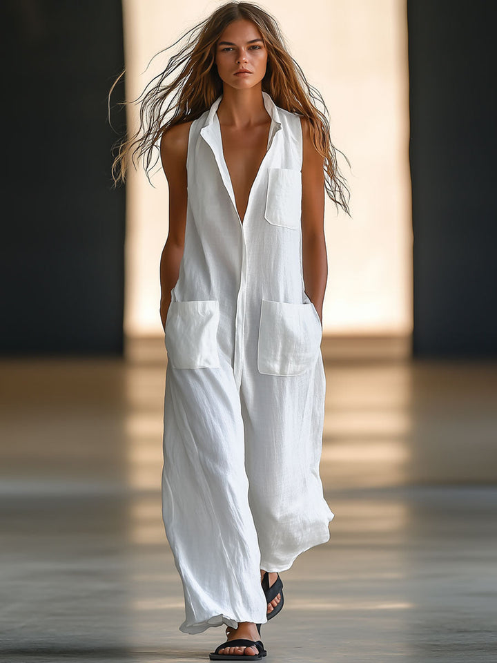 Women's retro white sleeveless wide-leg casual jumpsuit. Comfortable one-piece summer outfit.