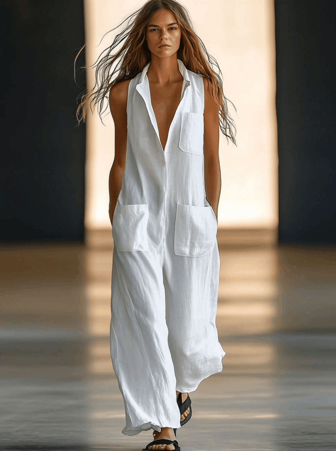 Casual women's retro white jumpsuit. Sleeveless wide-leg design, perfect comfortable one-piece for summer.