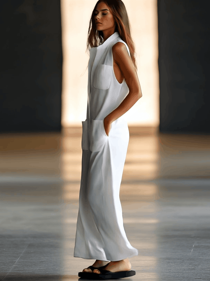 Retro white sleeveless women's jumpsuit with wide legs. Comfortable one-piece design for casual summer wear.