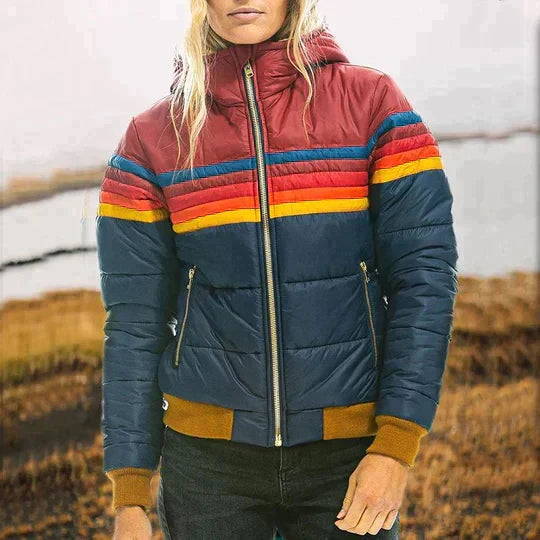 Women's retro winter parka jacket with cozy faux fur hood. Stylish & warm outerwear for cold weather fashion.