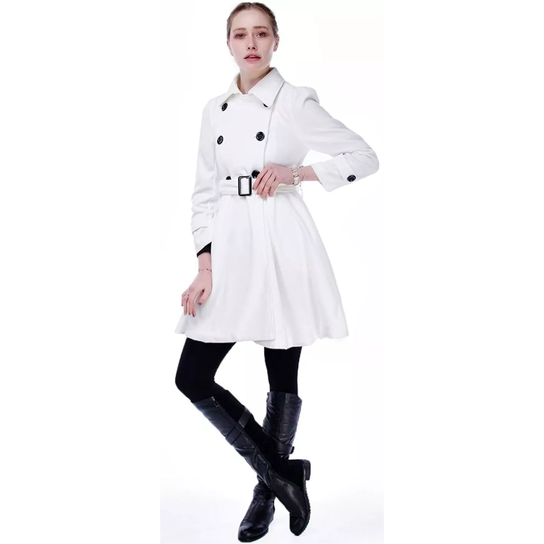 Chic women's reversible belted peacoat, perfect for fall and winter layering. Mid-length outerwear.
