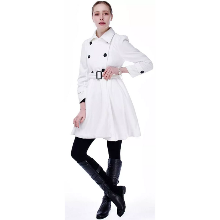 Chic women's reversible belted peacoat, perfect for fall and winter layering. Mid-length outerwear.