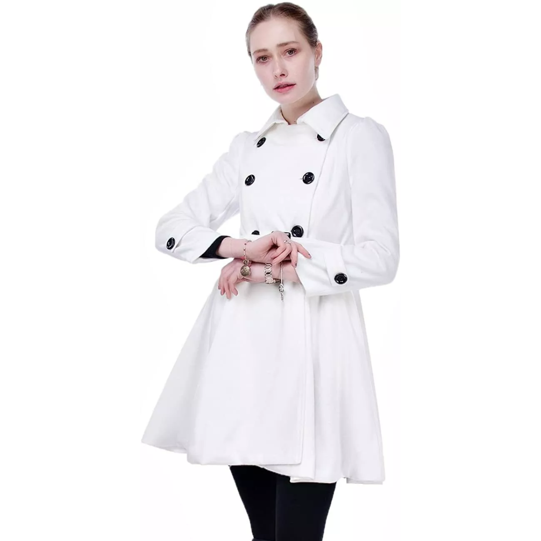 Full length shot of women's versatile mid-length peacoat. Reversible design with elegant belt.