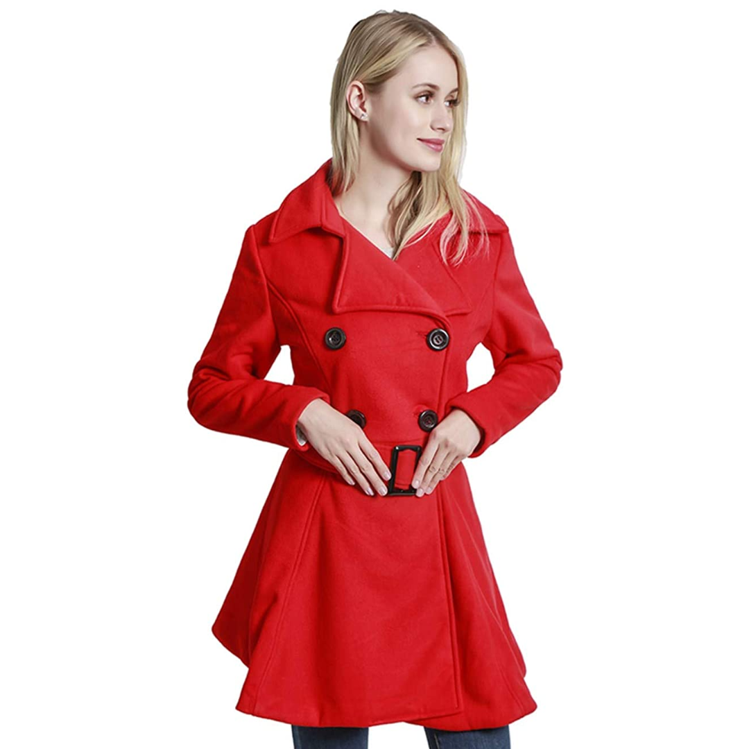 Women's reversible peacoat collar and lapel detail. Belted mid-length winter jacket for fall fashion.