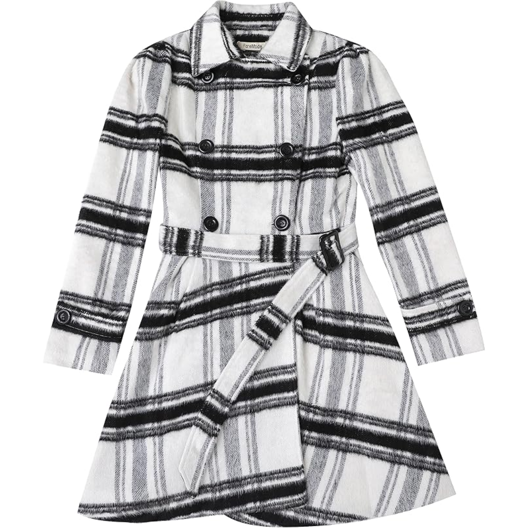 Front view: Elegant women's reversible belted peacoat. Versatile mid-length outerwear for winter.