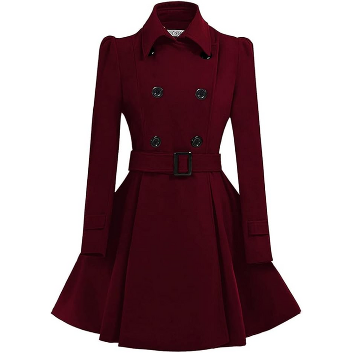 Back view: Chic women's mid-length peacoat with belt. Reversible winter jacket for layered styling.
