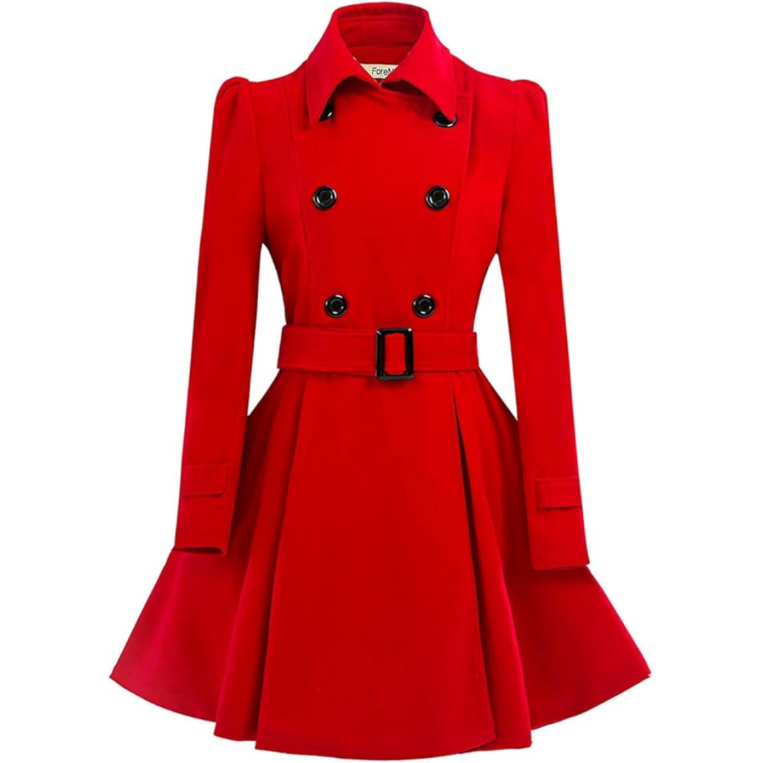 Side profile of a women's versatile reversible peacoat. Belted mid-length coat for fall outerwear.