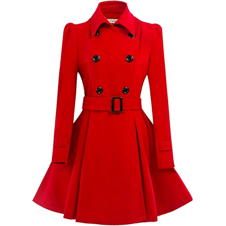 Side profile of a women's versatile reversible peacoat. Belted mid-length coat for fall outerwear.