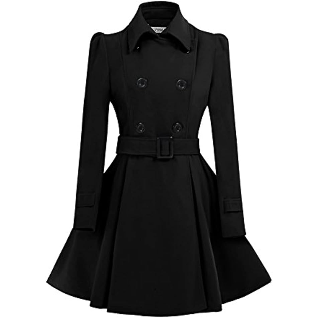 Close-up of the belt detail on a women's elegant reversible peacoat. Mid-length fall winter coat.