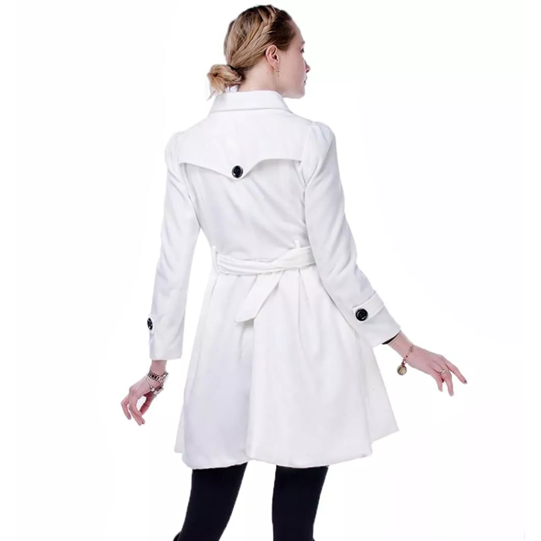 Women's elegant belted peacoat, shown in its reversible style. Versatile mid-length winter jacket.