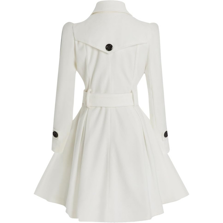 Mid-length women's peacoat, reversible and belted. A sophisticated fall fashion outerwear staple.