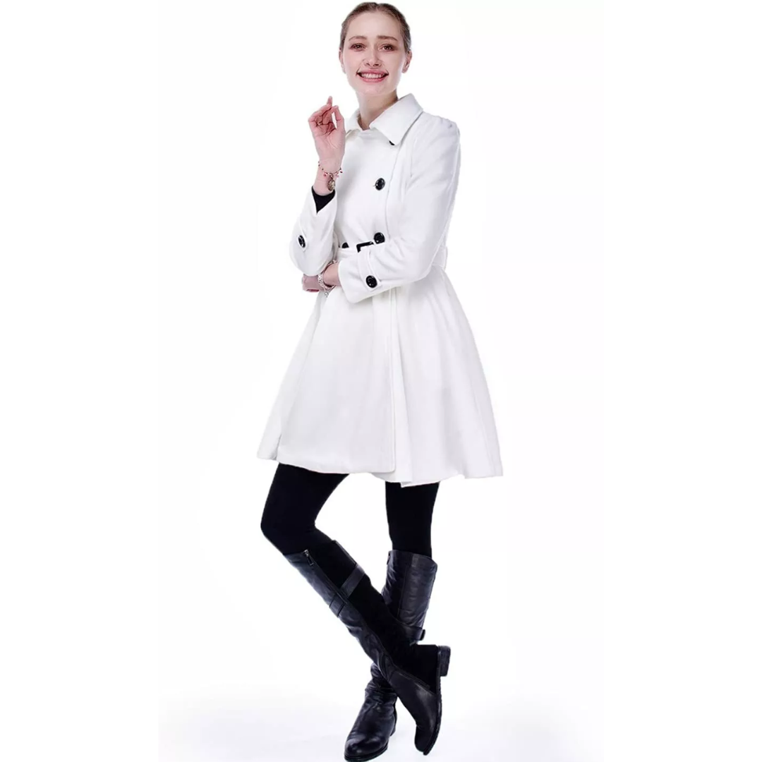 Reversible women's peacoat styled with a belt. Versatile mid-length coat for elegant winter layering.