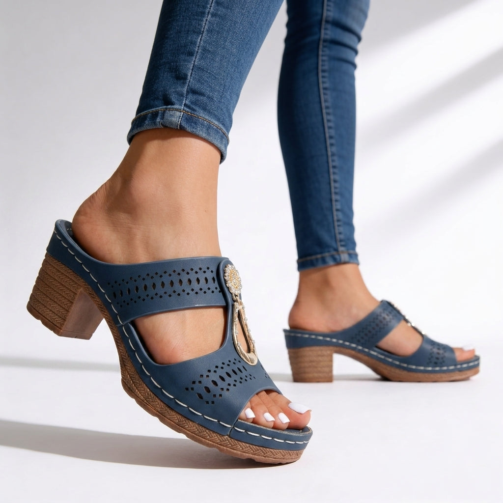 Elegant women's T-strap platform sandals featuring rhinestones & a comfortable block heel, perfect for summer casual elegance.