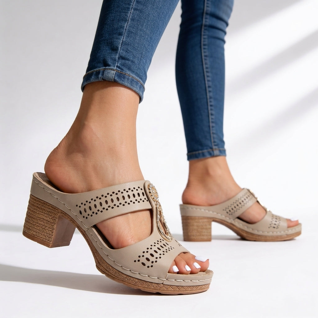 Cushioned slip-on open-toe women's sandals with a sturdy block heel and sparkling rhinestones for comfortable walking.
