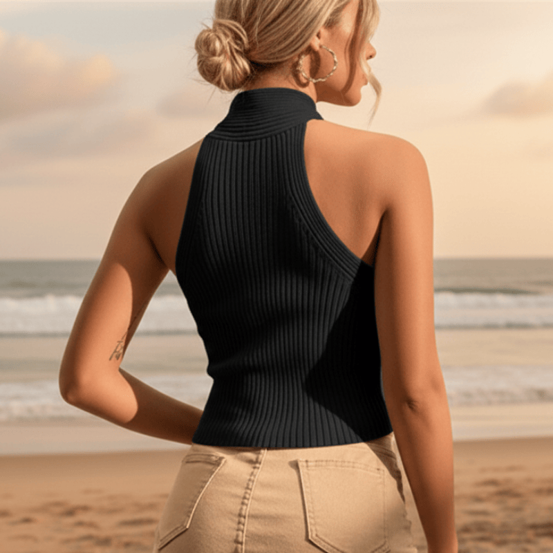 Trendy women's ribbed crop top, sleeveless with criss cross halter neck, a must-have for summer beachwear.