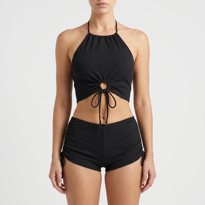 Adjustable ribbed tankini top and comfortable boyshorts swimsuit set for women, perfect for resort wear.