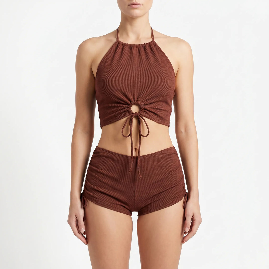 Modern women's ribbed tankini set with modest boyshorts, designed for ultimate comfort and style in swimwear.