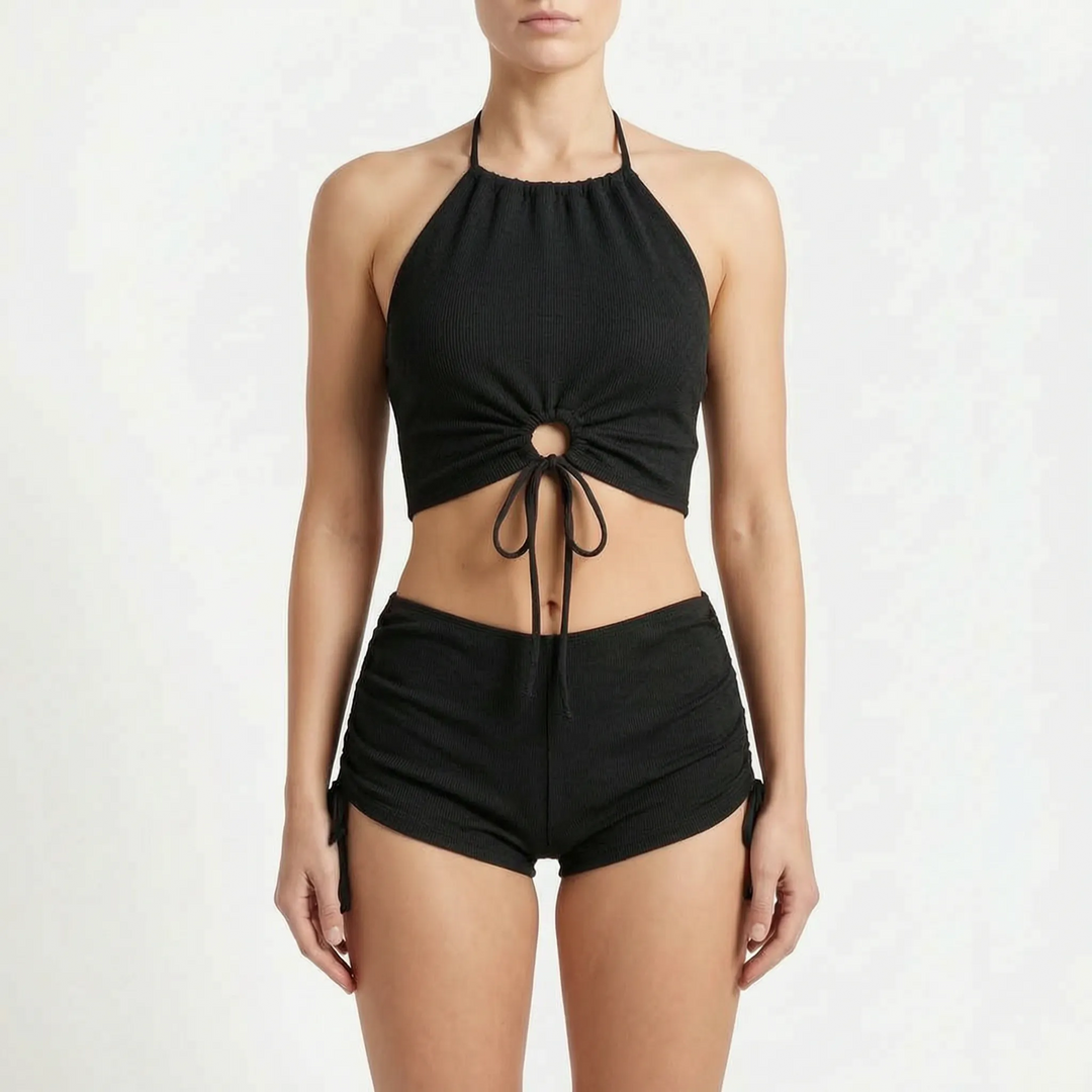 Elegant women's ribbed tankini and boyshorts swimwear set, a must-have for summer adventures and vacations.