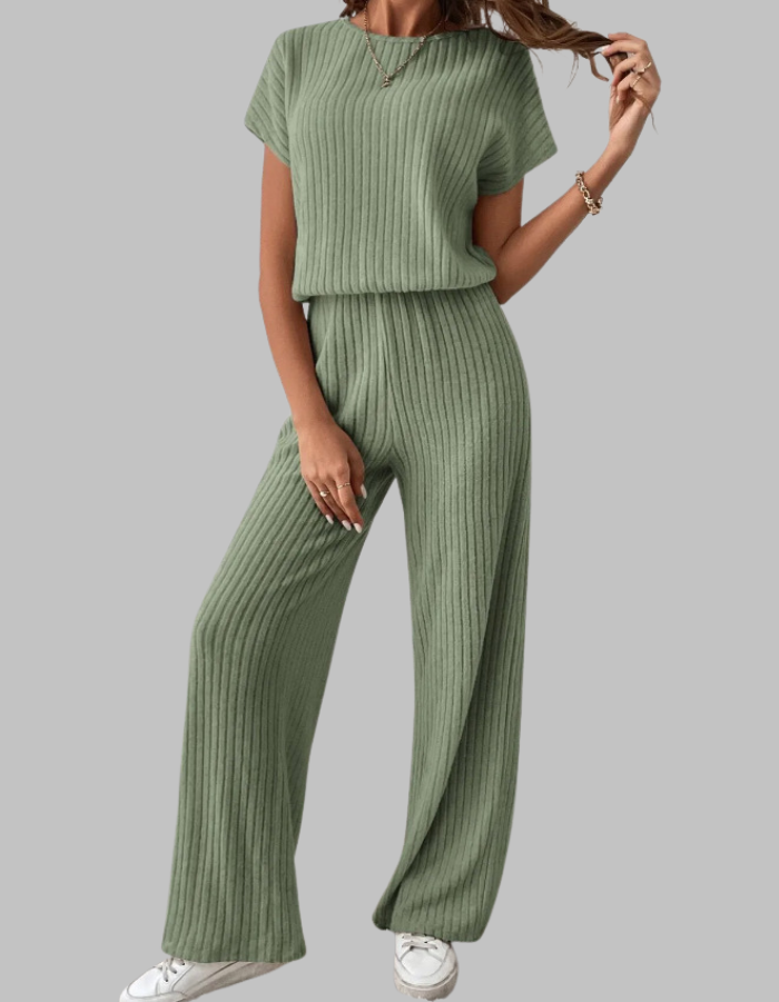 Light & breezy women's ribbed two-piece set. Short sleeve top & wide-leg pants, perfect for spring/summer fashion.