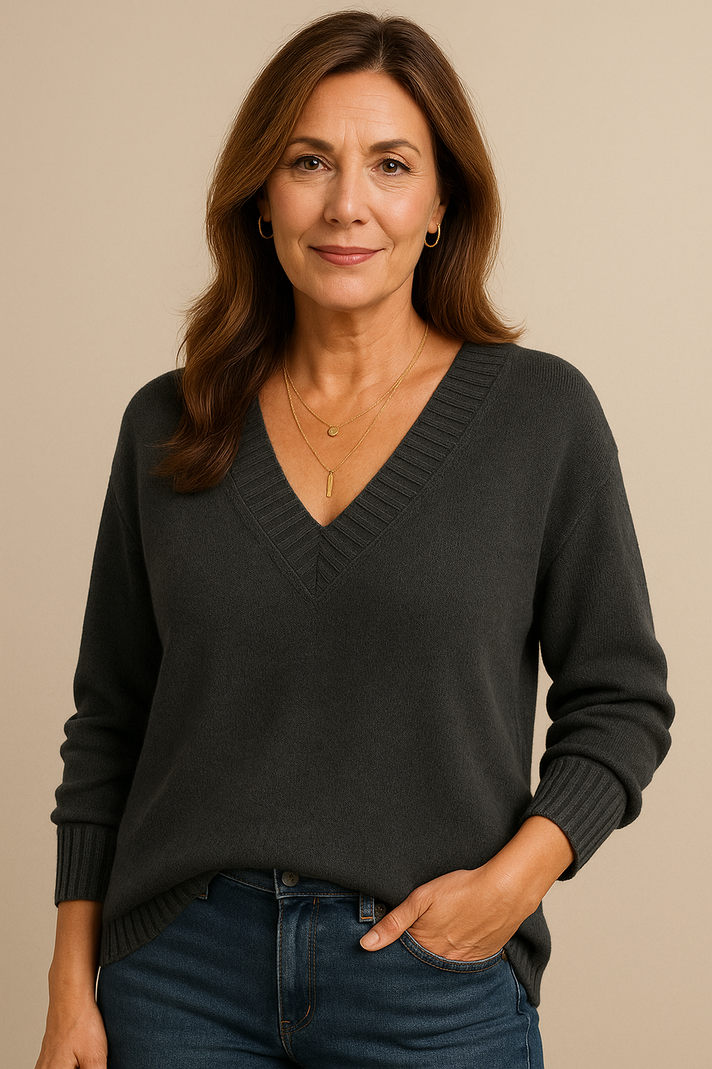 Cozy fall/winter women's ribbed v-neck sweater. Relaxed fit long sleeve for casual everyday fashion.