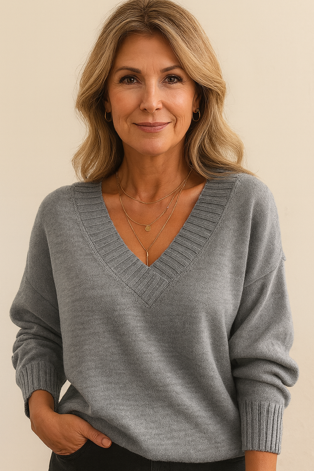 Stylish women's ribbed v-neck sweater. Relaxed fit long sleeve, a must-have for fall/winter fashion.