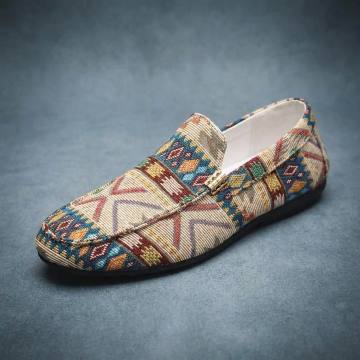 Aztec style women's Rio slip-on loafers, unique patterned casual summer footwear for fashion.