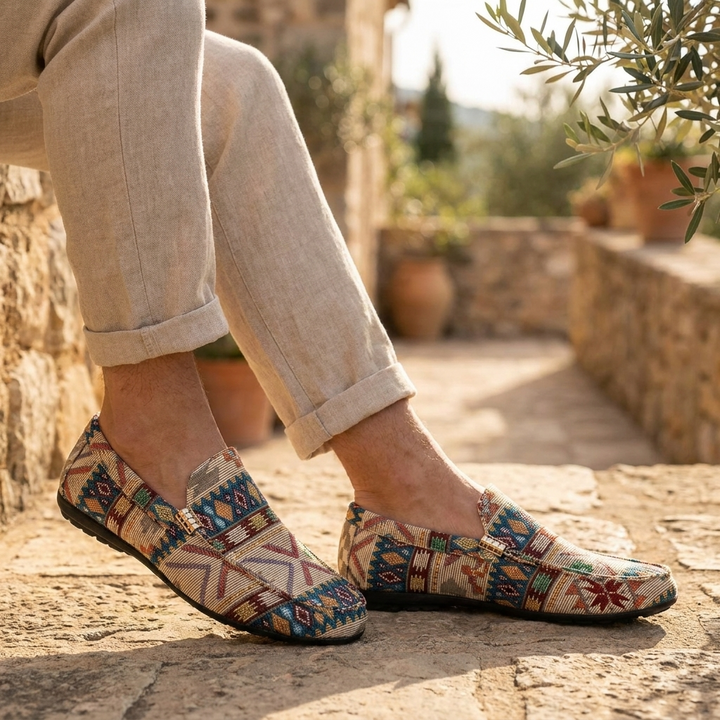 Stylish Rio women's slip-on loafers, comfortable aztec style flat shoes for casual summer fashion.