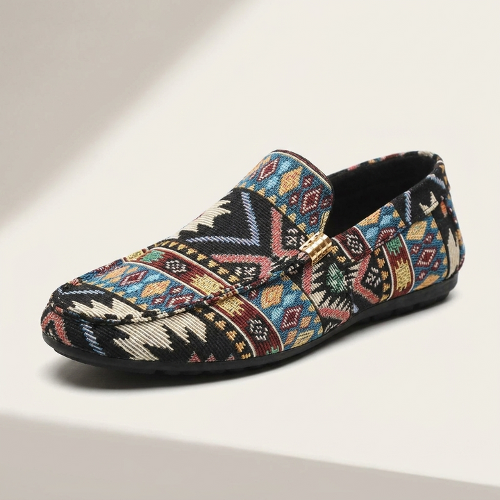 Unique aztec design women's Rio slip-on loafers, stylish and versatile flat summer footwear.