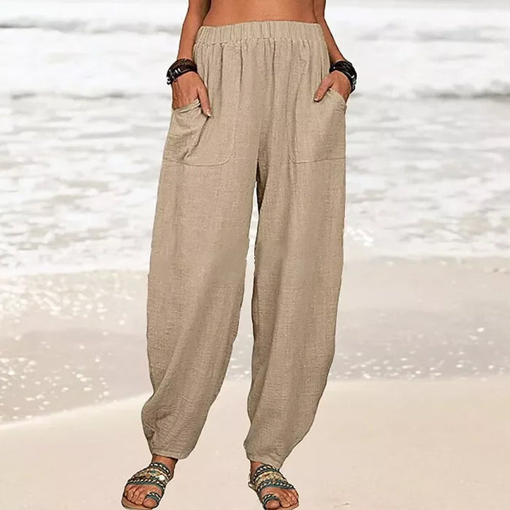 Close-up of the breathable fabric of Rizza women's wide-leg beach pants, perfect for comfortable casual wear.