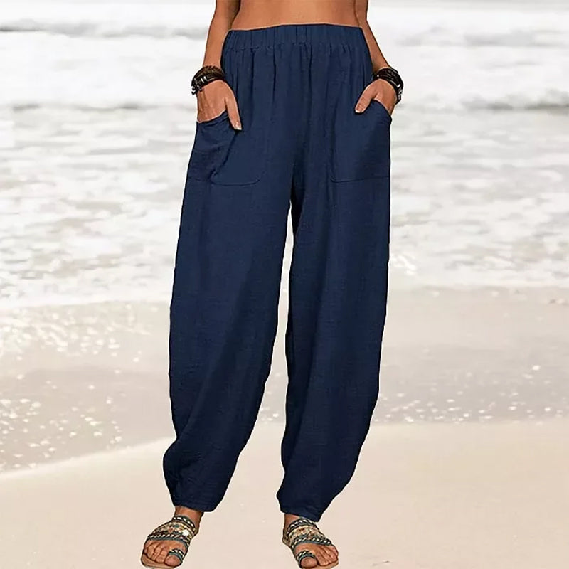 Back view of Rizza women's relaxed fit beach pants, showing the comfortable flowy wide leg design.