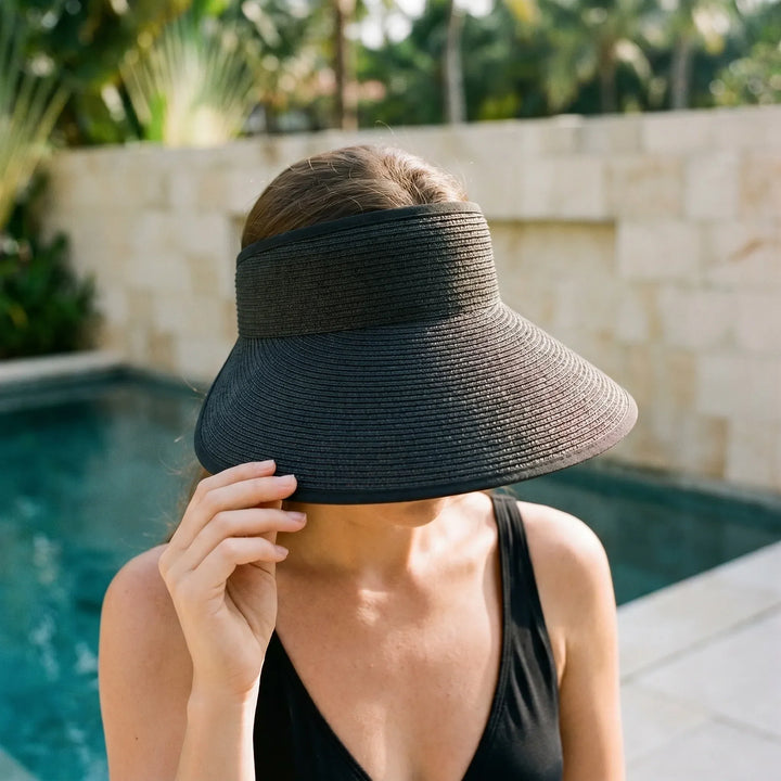 Women's roll-up sun visor hat. Packable, travel-friendly for beach & vacation. Wide brim sun protection.