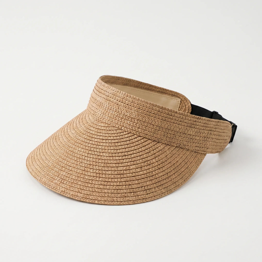 Adjustable women's sun visor hat with open top for breathability. Wide brim offers maximum face sun protection.