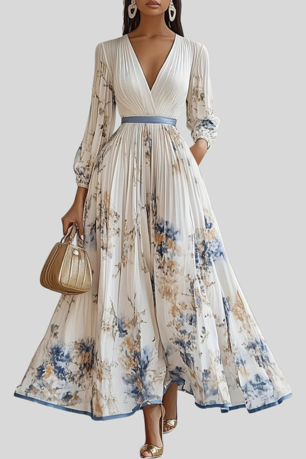 Women's romantic bohemian pleated midi dress with puff sleeves & V-neck. Flowy summer vacation dress.