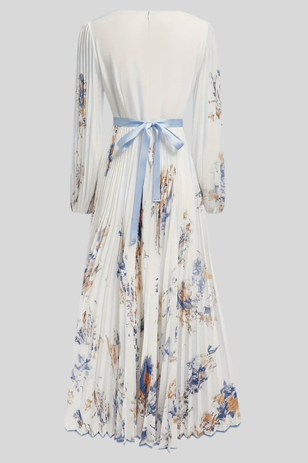 Flowy V-neck bohemian pleated midi dress for women, featuring romantic puff sleeves. Ideal for summer elegance.